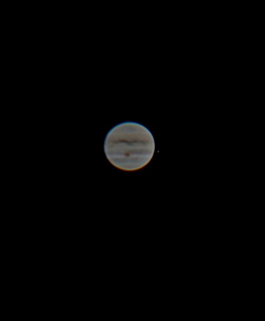 Jupiter photo taken with Celestron C8 and Galaxy S9+. 9mm Orthoscopic eyepiece. Celestron NexYZ smartphone adapter. Single exposures stacked and processed in Lynkeos.