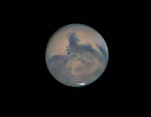 photo of Mars with Celestron Evolution 8" EdgeHD>Brandon 1.5X Magic Dakin Barlow>ZWO ADC>ZWO ASI224mc. Captured in FireCapture, AS!3, Registax Wavelets, Topaz DeNoise AI, Luminar.