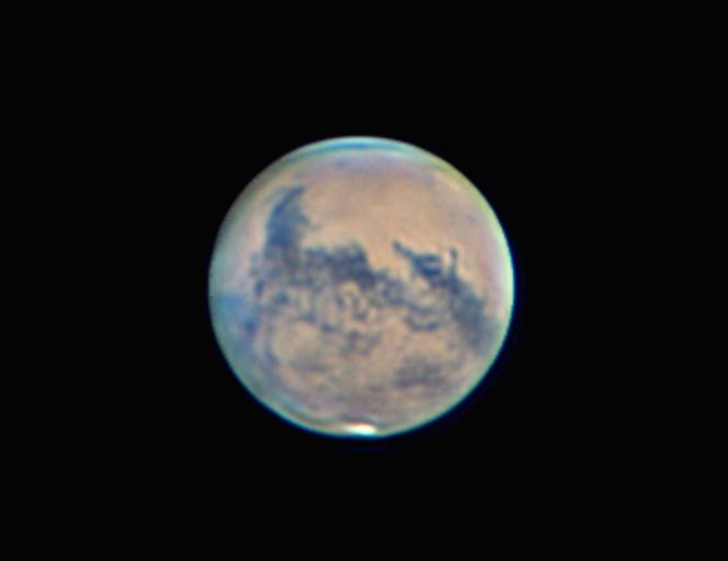 image of Mars taken with Celestron Evolution 8" EdgeHD>Brandon 1.5X Magic Dakin Barlow>ZWO ADC>ZWO ASI224mc. Captured in FireCapture, AS!3, Registax Wavelets, WinJupos, Topaz DeNoise AI, Luminar.