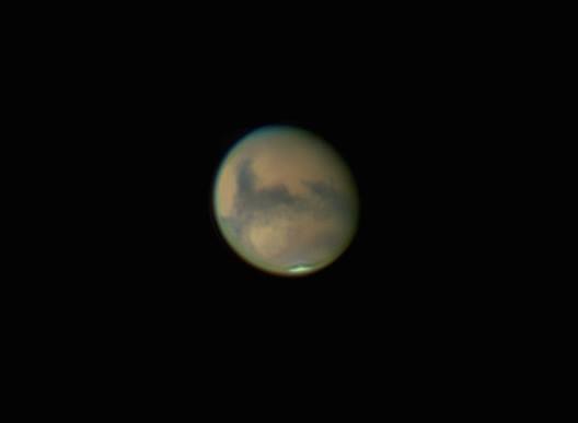 Image of Mars with Celestron Evolution 8" EdgeHD>Brandon 1.5X Magic Dakin Barlow>ZWO ADC>ZWO ASI224mc. Captured in FireCapture, Best 7500 frames of 30,000 stacked in AS!3, Sharpened in Registax Wavelets, Finished in Luminar.